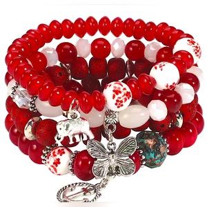Bohemian Layered Beaded Bracelet Elephant In Red